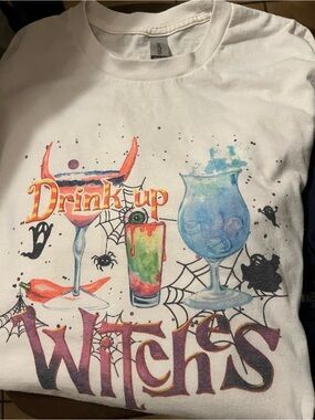 Gildan White 'Drink Up Witches' Halloween Graphic Long Sleeve Tee
